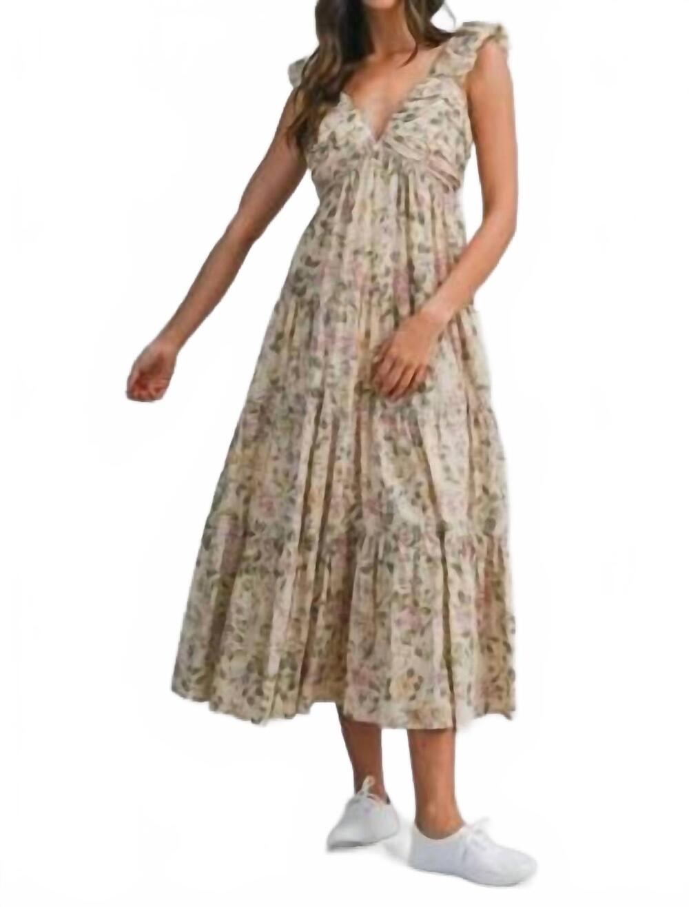 NEW MABLE floral print ruched pleated detail midi dress in multi